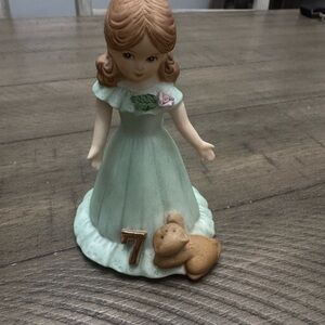 Enesco Growing Up Birthday Girl Age 7, Brunette in Green Dress, Porcelain